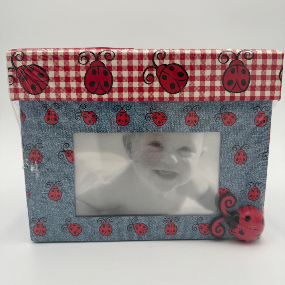 Vintage Ladybug Photo Box and Wooden Frame Set Red Gingham Denim Print New